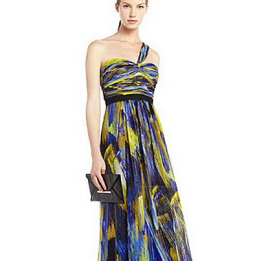 BCBG Maxazria One-Shoulder Dress in Blue and Yellow